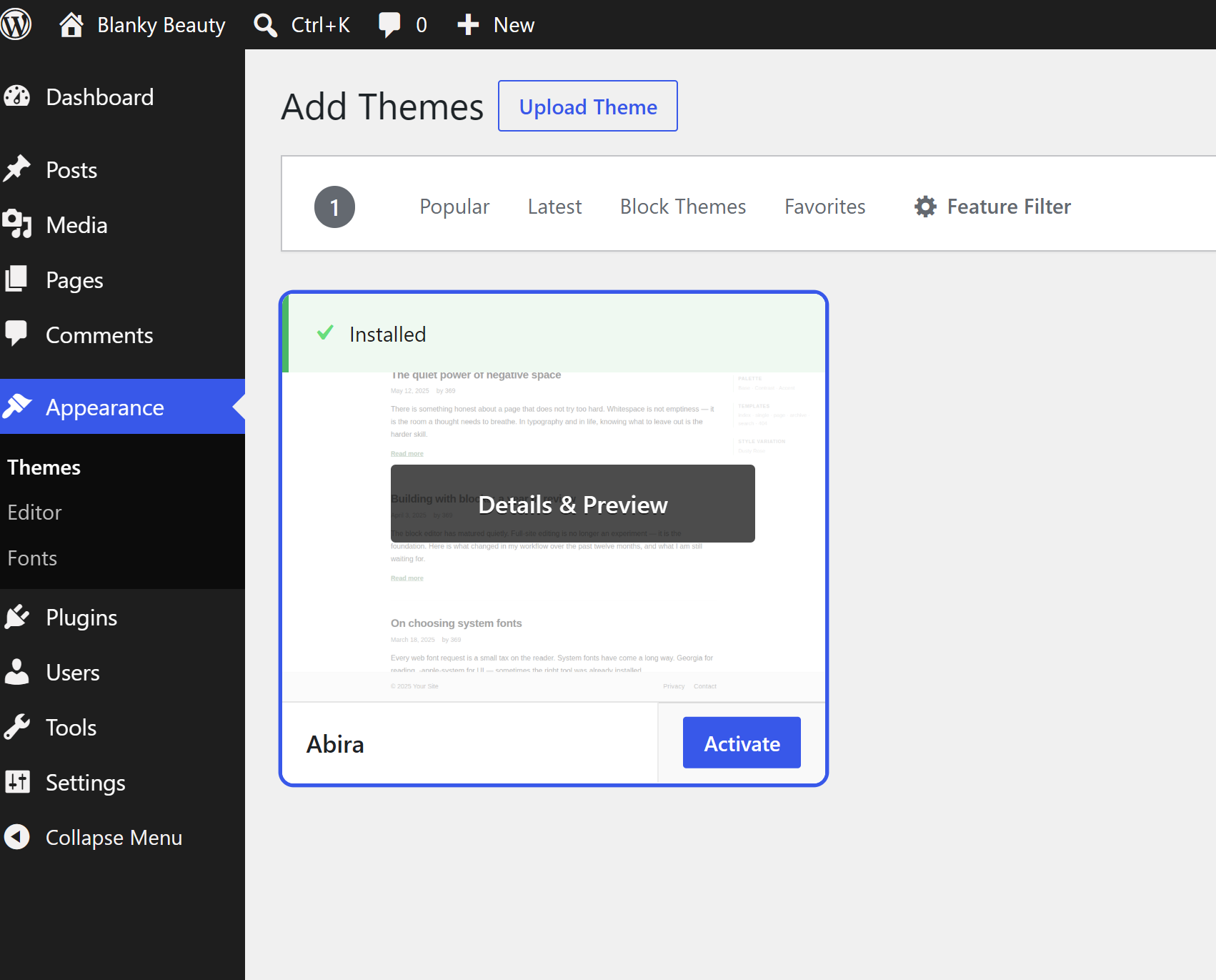 WordPress admin screen under Appearance > Themes > Add Themes, showing Abira installed with an Activate button