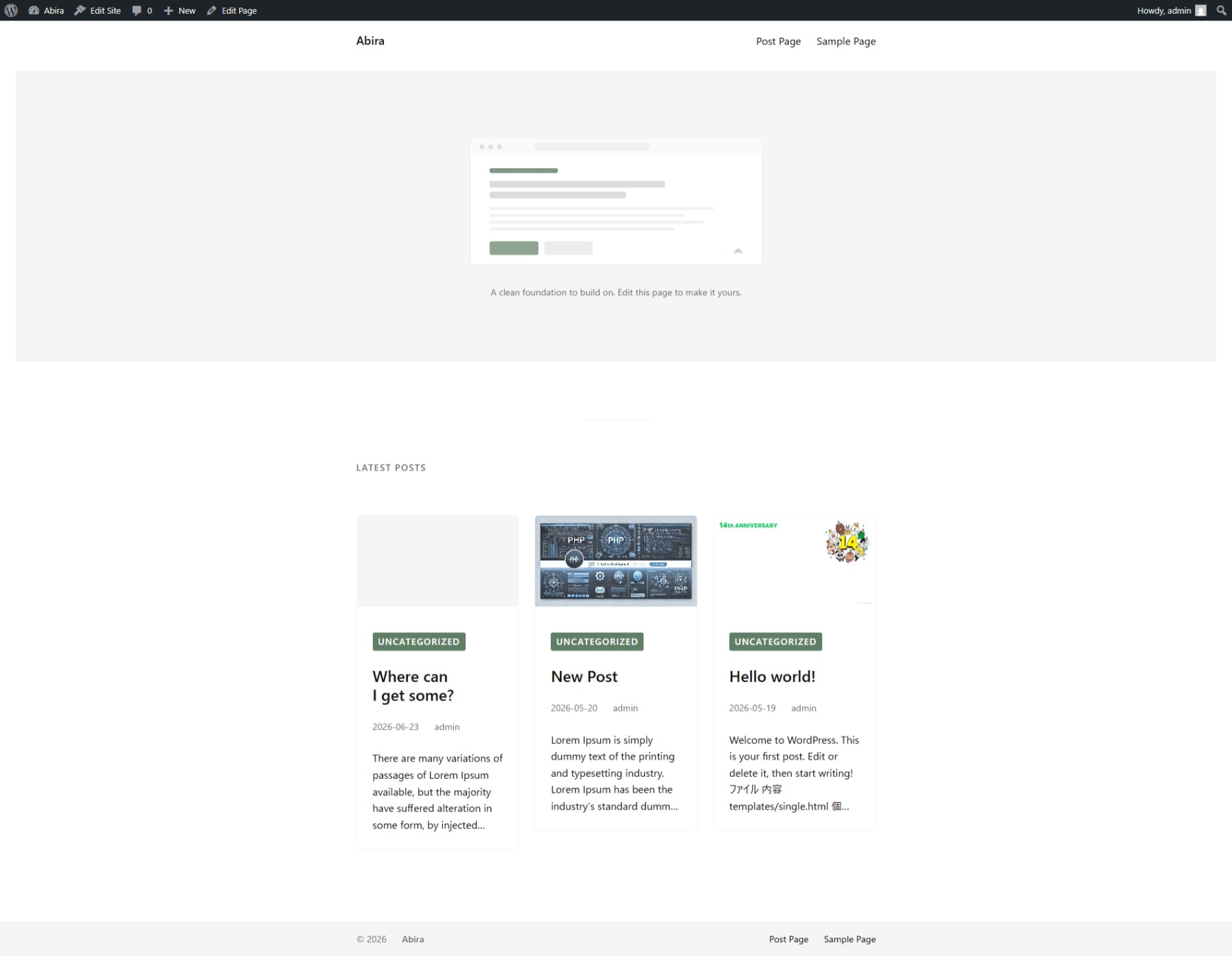 Abira front page showing the hero pattern with a clean browser-window illustration, followed by a three-column grid of latest posts
