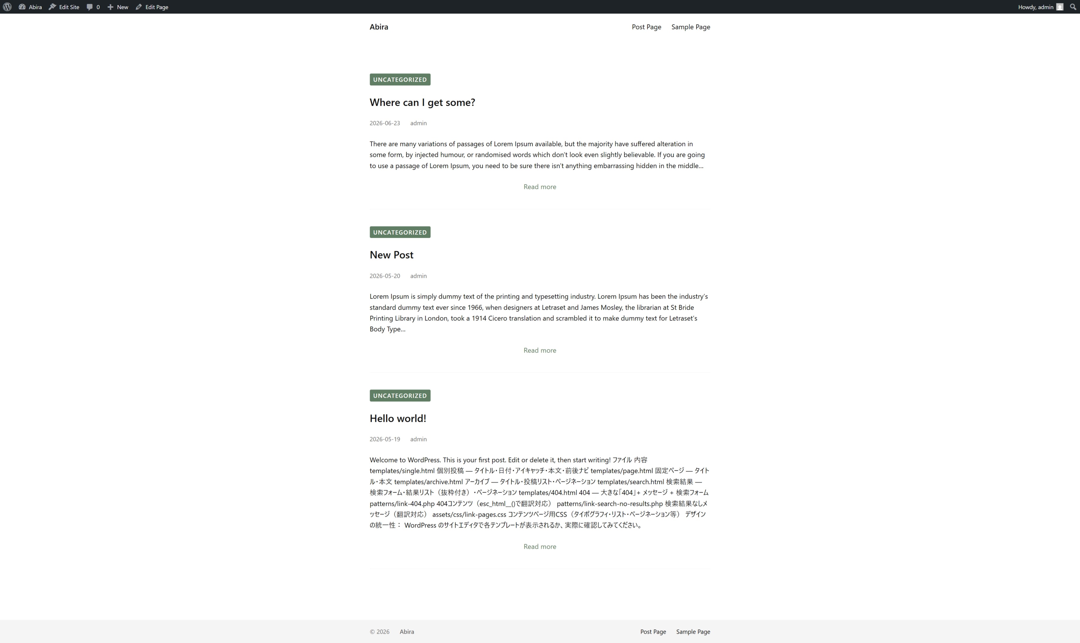 Abira posts page showing a vertical list of posts with category badge, title, date, author, and excerpt