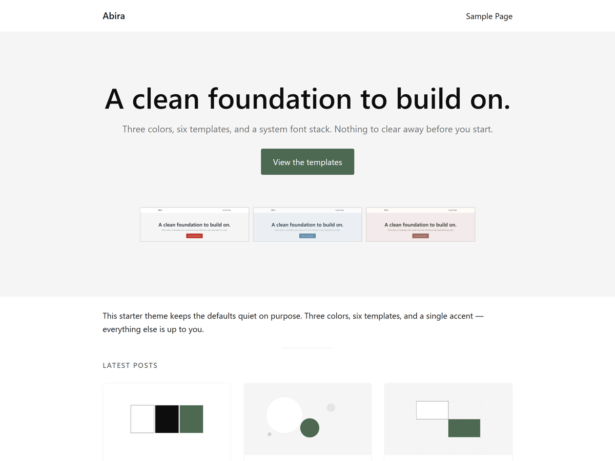 Abira theme preview — a clean blog layout with minimal typography and ample white space