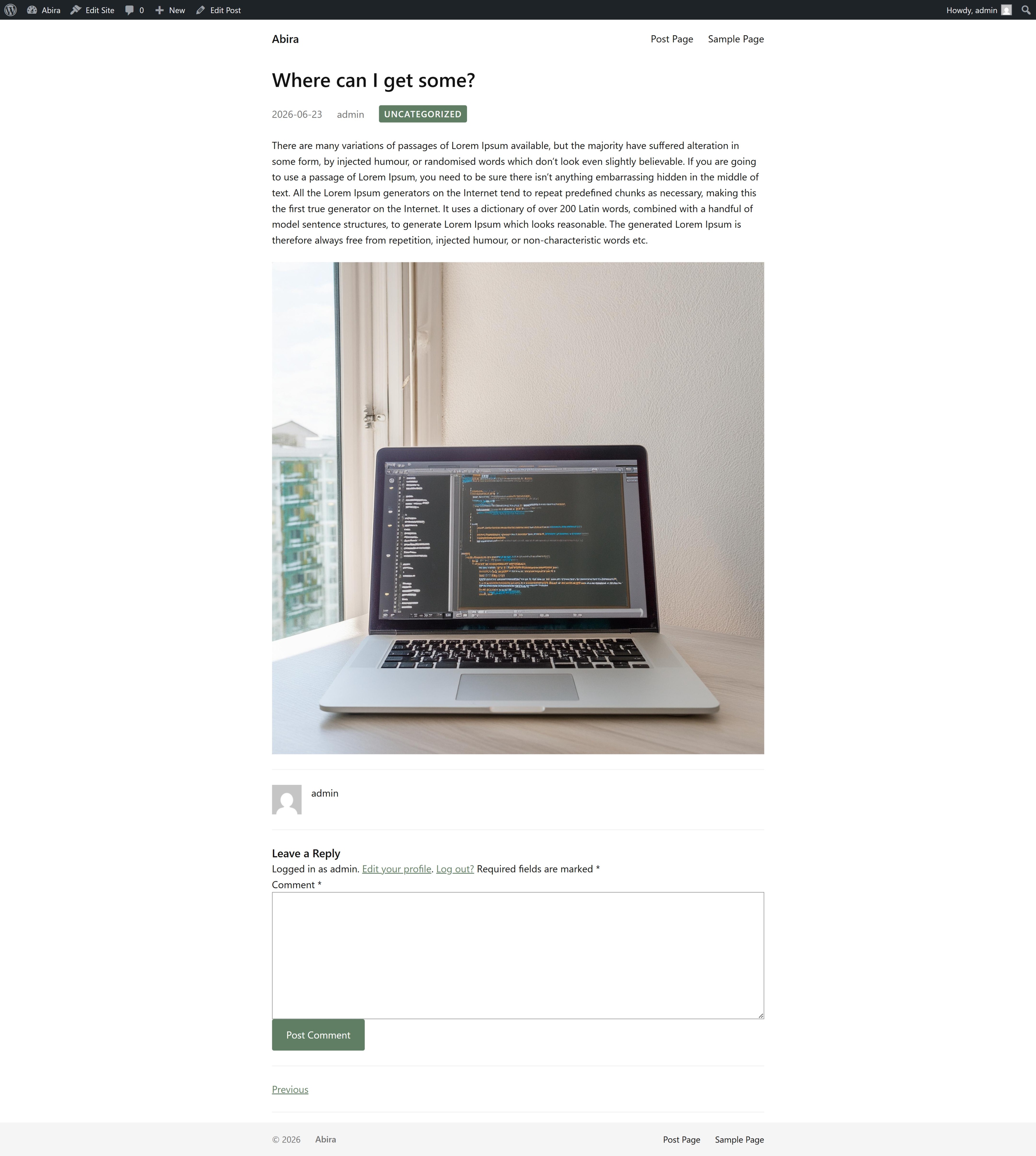 Abira single post template showing the post title, meta information, featured image, and comment form